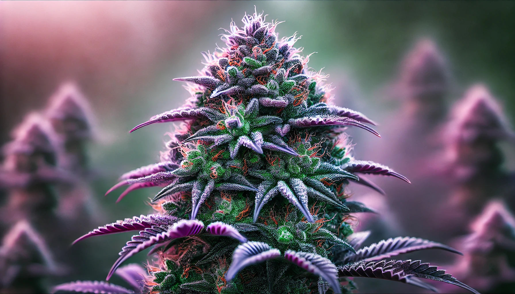 Purple Cookie Kush in all its glory: Vibrant purple and green buds dusted with frosty trichomes, set against a dreamy, natural backdrop. The perfect introduction to this stunning strain.